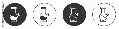 Black Glass bong for smoking marijuana or cannabis icon isolated on white background. Circle button. Vector