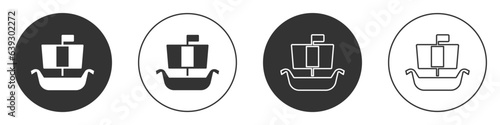 Black Ancient viking scandinavian drakkar icon isolated on white background. Viking transport ship. Circle button. Vector