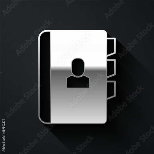Silver Resume icon isolated on black background. CV application. Searching professional staff. Analyzing personnel resume. Long shadow style. Vector