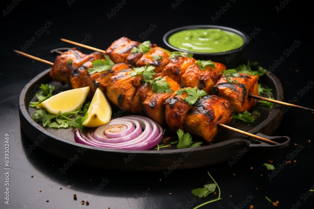 Spice infused delight Indian chicken tikka kebabs, marinated, roasted, with green chutney and onions Generative AI