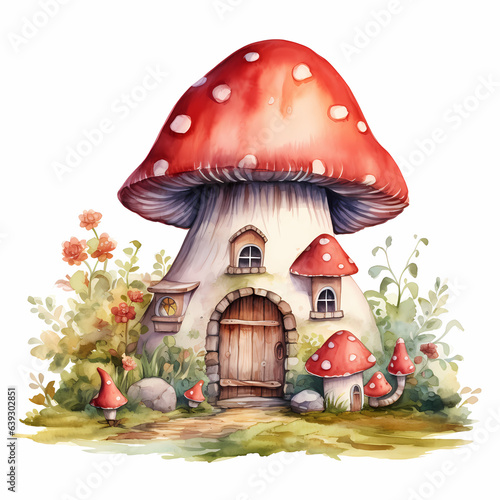 Toadstool mushroom house, watercolor illustration, cartoon childish style.