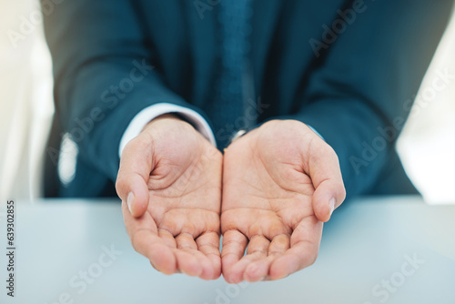 Hands, poverty and a business man begging in his office for unemployment or job loss in a financial crisis. Donation, charity and help with a corporate employee asking for finance or investment