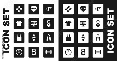 Set Whistle, Location gym, T-shirt, Dumbbell, Kettlebell, Fitness heart, Sport expander and Sleeveless icon. Vector