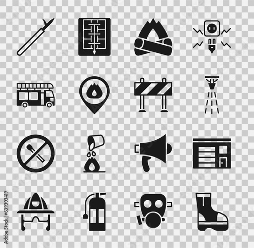 Set Fire boots, Building of fire station, sprinkler, Campfire, Location with flame, truck, Metal pike pole and Road barrier icon. Vector