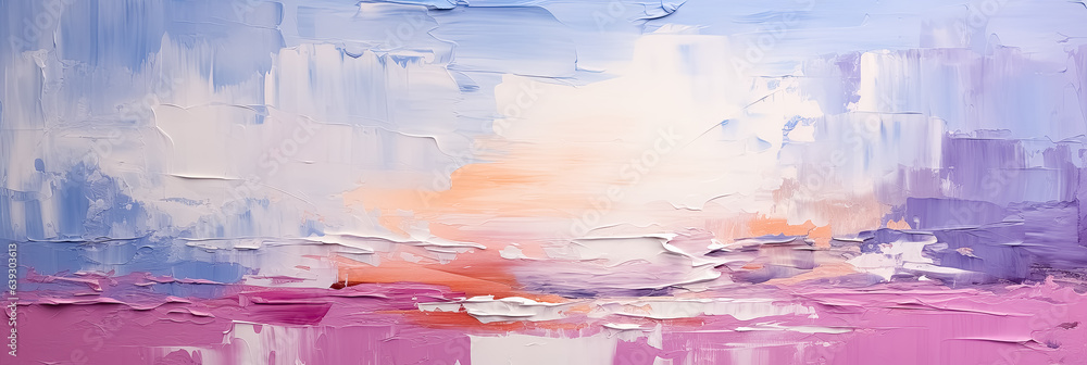 Hintergrund aus Ölfarben aufgetragen mit Pinsel und Farbmesser in Winterfarben, Lavendel, 
Pfirsich, Hellgrün, Magenta, Pink, Blau, strukturierter Hintergrund im Banner Panorama Format.
