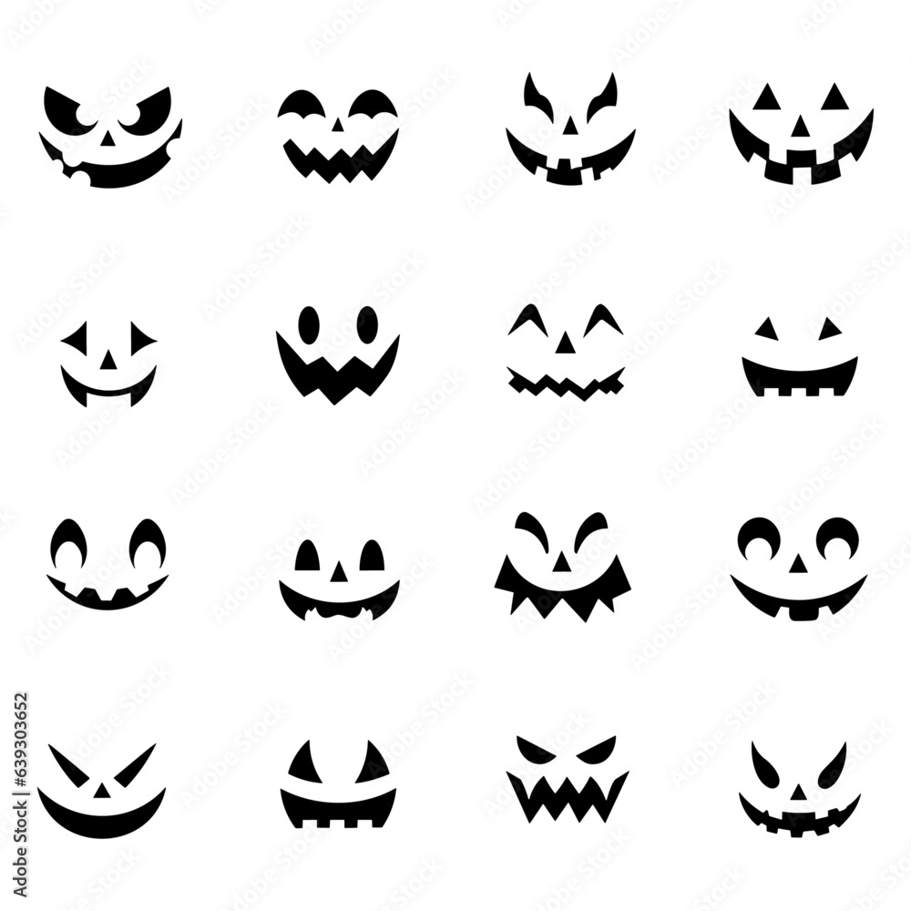 Fototapeta premium Colorful Hand-Drawn Cute Jack o' Lantern Faces: Isolated Halloween Vector Set for Kids' Seasonal Prints, Pumpkin Carving, Autumn Holidays, Party Decorations, and Decor - Transparent Background, PNG