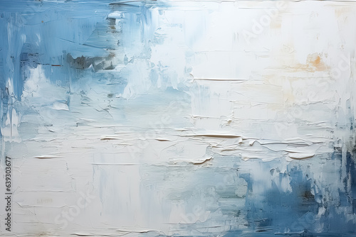 Ölmalerei mit abstrakten haptischen dynamischen Linien von Pinselstrichen und Farbspachtelauftrag in Weiß, Hellblau, Beige und Schwarz auf Leinwand als winterliche Hintergrundtextur. 