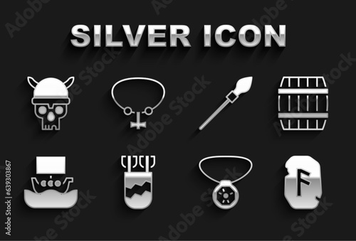 Set Quiver with arrows, Wooden barrel, Magic rune, Necklace gem, Viking ship Drakkar, Medieval spear, Skull viking helmet and icon. Vector