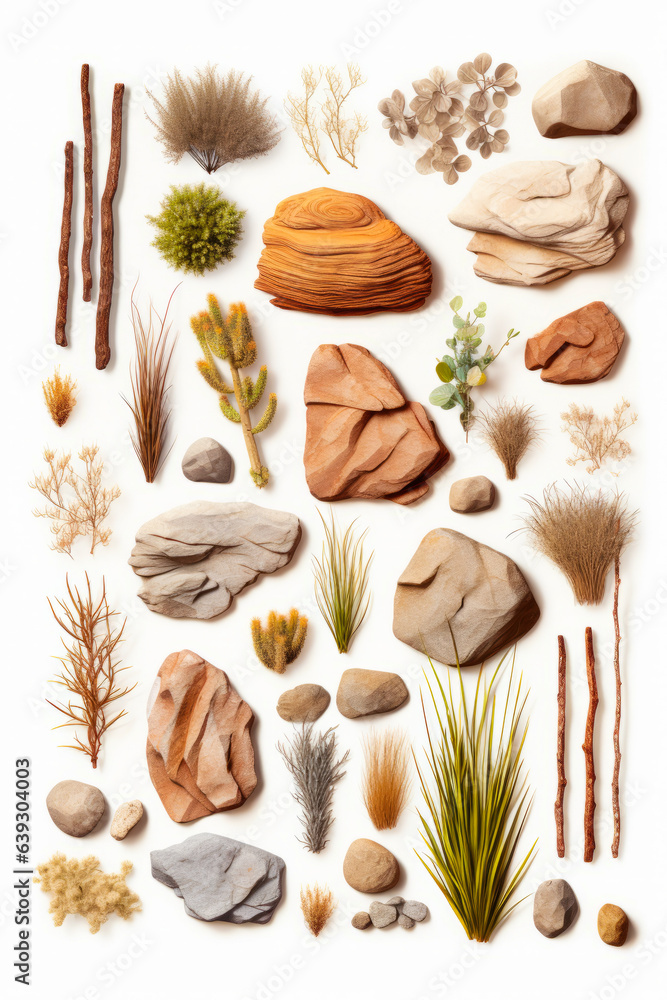 Obraz premium Collection of rocks and plants on white background.