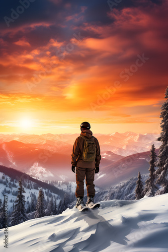 Sunset Shredder Snowboarder's Silhouette Amidst Colorful Snowscape ai generated art