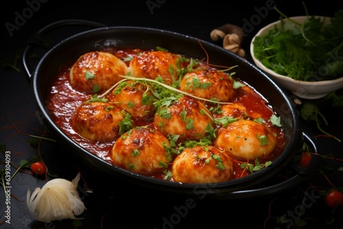 Tomato glazed duo Chicken fillet and meatballs baked, immersed in luscious tomato sauce Generative AI