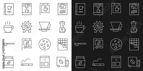 Set line Coffee street truck machine, Chocolate bar, Electric coffee grinder, Street signboard, Medal for, cup, book and V60 maker icon. Vector