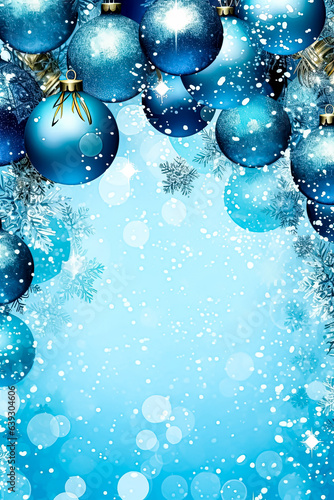 Postcard template for Merry Christmas and Happy New Year. Christmas tree balls in light blue colors