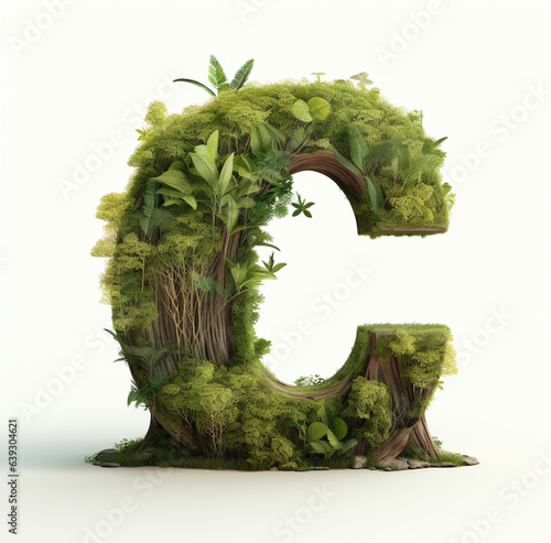 3d render letter C surrounded by Use a tree as the central element, with lush leaves and roots spreading out