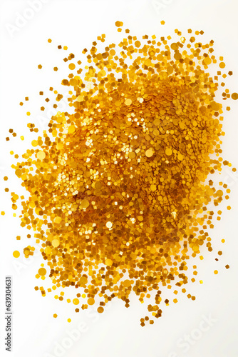 Pile of gold glitter on white background.