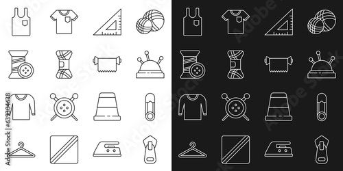 Set line Zipper, Safety pin, Needle bed and needles, Triangular ruler, Yarn, Sewing thread button, Sleeveless T-shirt and Textile fabric roll icon. Vector