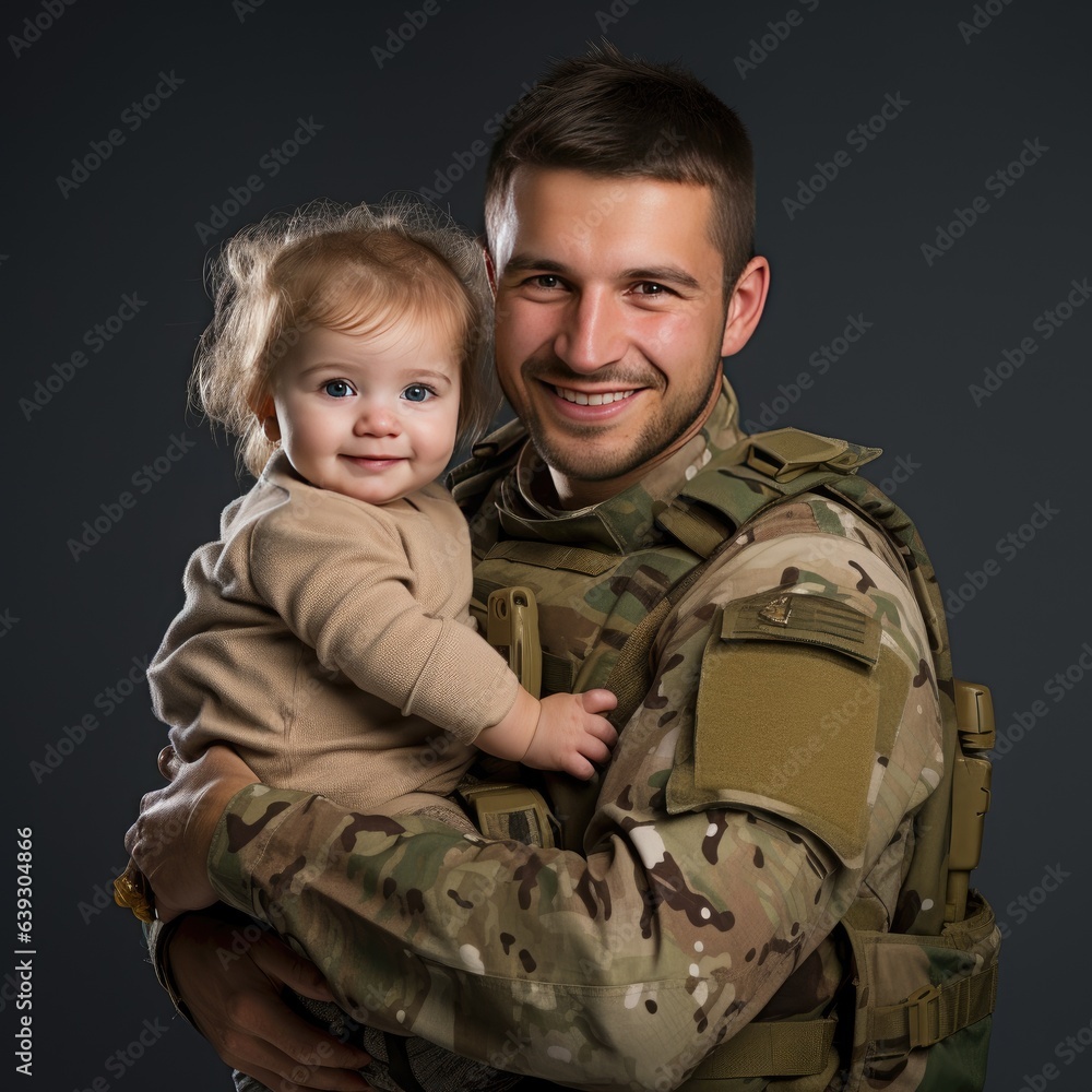 Brave soldier tenderly holds a small child in their arms Brave soldier tenderly holds a small child in their arms