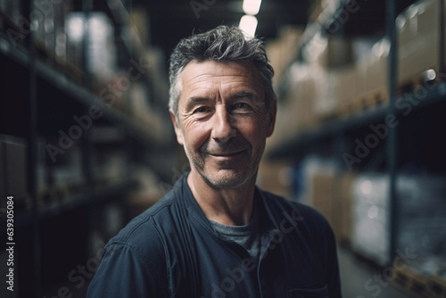 Happy worker man factory manager working in warehouse while smiling and looking at camera - Generative AI