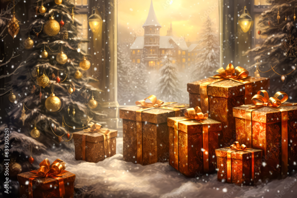  Christmas background with Christmas gifts under Christmas tree with beautiful view from window