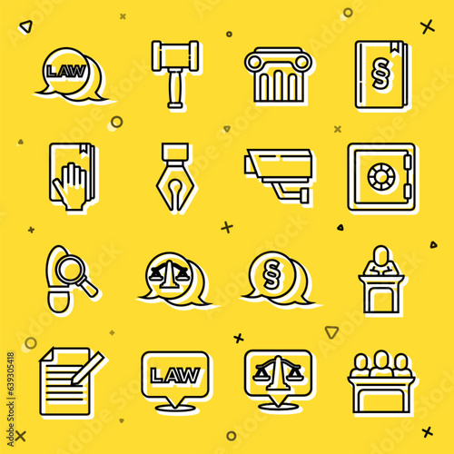 Set line Jurors, Judge, Safe, Law pillar, Fountain pen nib, Oath on the Holy Bible, and Security camera icon. Vector