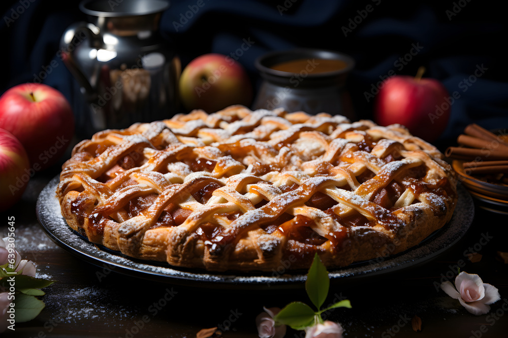 Traditional american apple pie with fresh apples fruits and cinnamon. Thanksgiving or halloween, autumn or fall dessert pastry. Traditional american apple pie with fresh apples fruits and cinnamon. Thanksgiving or halloween, autumn or fall dessert pastry.