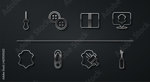 Set line Awl tool, Leather, Safety pin, Sewing button, and Textile fabric roll icon. Vector
