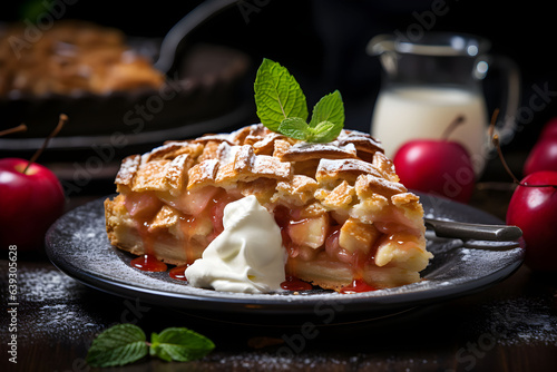 Traditional american apple pie piece with fresh apples fruits, ice cream and cinnamon. Thanksgiving or halloween, autumn or fall dessert pastry.