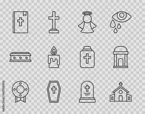 Set line Memorial wreath, Church building, Angel, Coffin with cross, Holy bible book, Burning candle, Grave tombstone and Old crypt icon. Vector