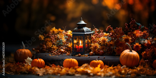 Festive autumn lantern decoration with pumpkins, flowers and fall leaves. Thanksgiving day or Halloween banner concept.