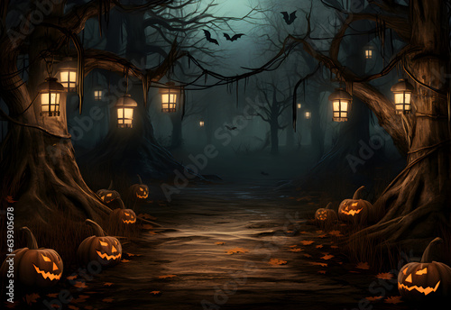 Halloween mystical dark forest mockup with pumpkins jack-o-lantern decorations and spooky background. Generated AI.