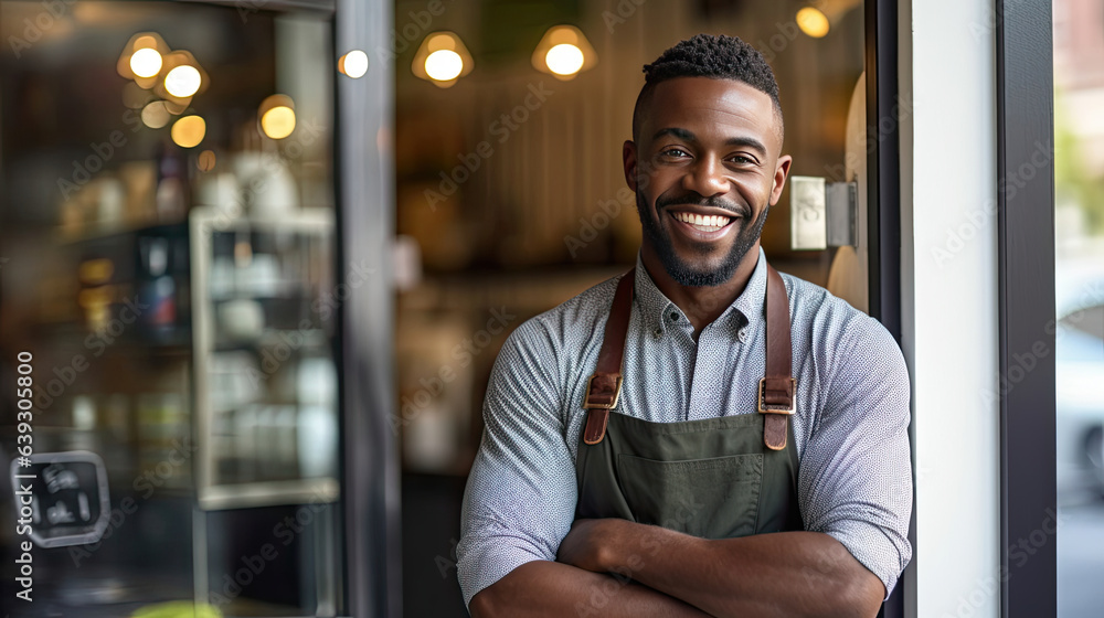 Portrait of happy African American man standing at doorway of her store. Cheerful mature waitress waiting for clients at coffee shop. Small Business Owner. Generative Ai Portrait of happy African American man standing at doorway of her store. Cheerful mature waitress waiting for clients at coffee shop. Small Business Owner. Generative Ai