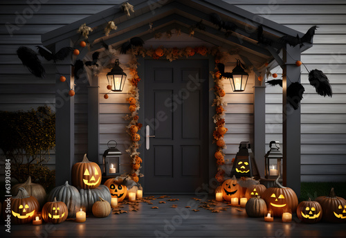 Halloween or Thanksgiving day decorated house door with spooky pumpkins and autumn holiday decoration. Generated AI.
