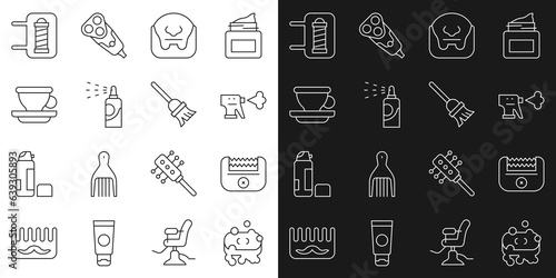 Set line Bar of soap with foam, Electrical hair clipper, Hairdresser pistol spray bottle, Mustache and beard, Spray can for hairspray, Coffee cup, Barber shop pole and Mop icon. Vector
