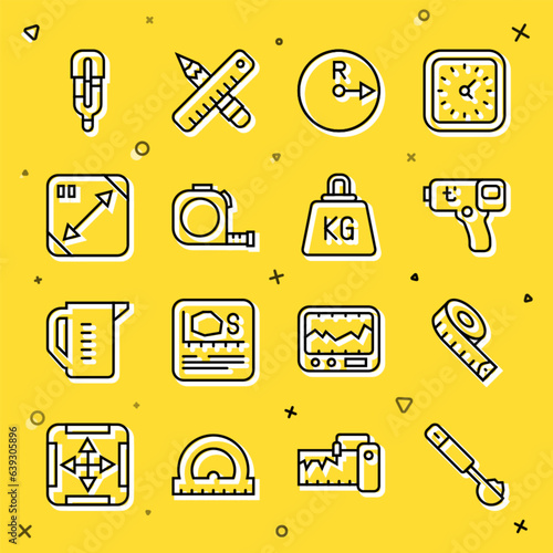 Set line Measuring spoon, tape, Digital thermometer, Radius, Roulette construction, Diagonal measuring, Medical and Weight icon. Vector