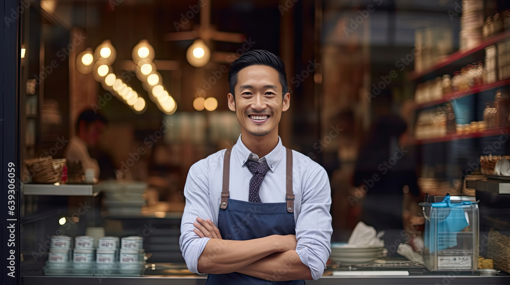 Portrait of happy asian young man standing at doorway of her store. Cheerful mature waitress waiting for clients at coffee shop. Small Business Owner. Generative Ai Portrait of happy asian young man standing at doorway of her store. Cheerful mature waitress waiting for clients at coffee shop. Small Business Owner. Generative Ai