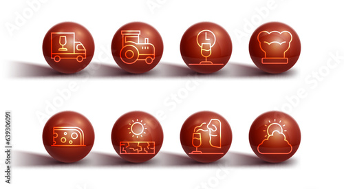 Set line Wine truck, Cheese, Chef hat, Sommelier, Drought, Tractor, Sun and cloud weather and time icon. Vector