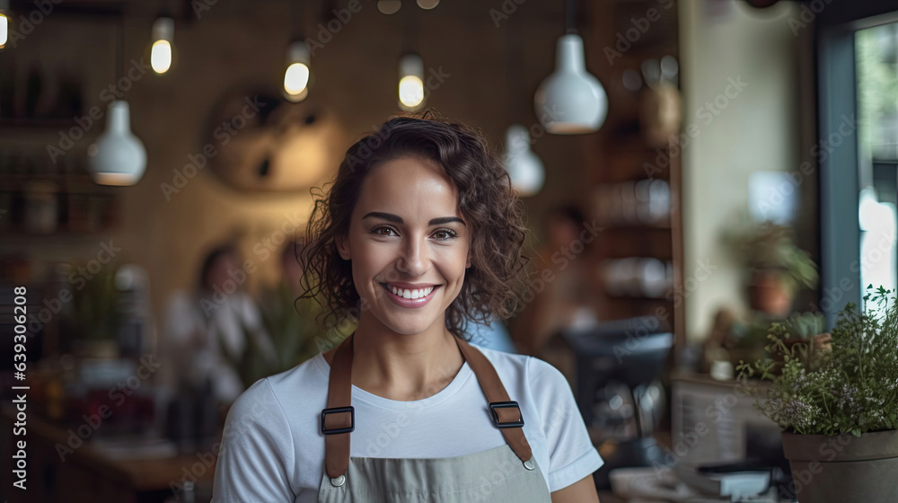 Portrait of happy young woman standing at doorway of her store. Cheerful mature waitress waiting for clients at coffee shop. Small Business Owner. Generative Ai