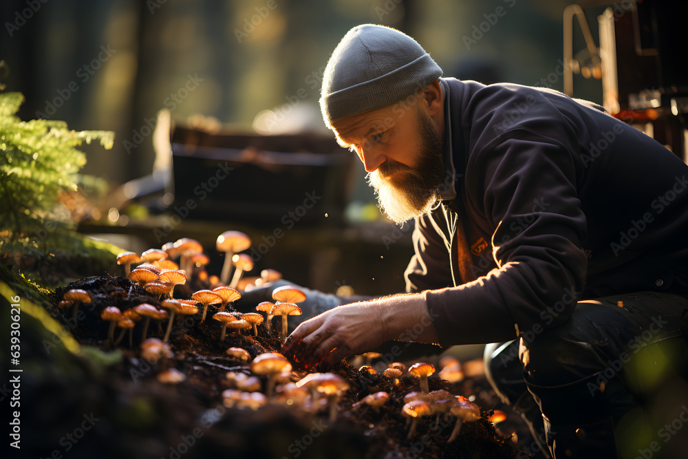 Middle aged man picking mushrooms in the autumn forest. Picking season and leisure people, fall concept. Middle aged man picking mushrooms in the autumn forest. Picking season and leisure people, fall concept.