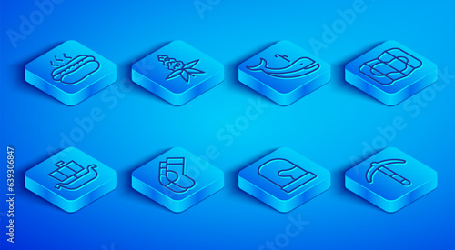 Set line Hotdog sandwich, Lupine flower, Whale, Socks, Christmas mittens, Map of Iceland, Viking ship Drakkar and Pickaxe icon. Vector