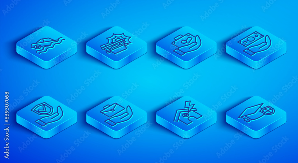 Set line Flood car, Car accident, Travel suitcase in hand, Hand holding briefcase, House lightning, Money with shield, Shield and Graduation cap icon. Vector Set line Flood car, Car accident, Travel suitcase in hand, Hand holding briefcase, House lightning, Money with shield, Shield and Graduation cap icon. Vector