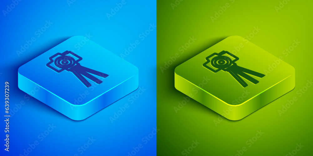 Isometric line Photo camera icon isolated on blue and green background. Foto camera. Digital photography. Square button. Vector Isometric line Photo camera icon isolated on blue and green background. Foto camera. Digital photography. Square button. Vector