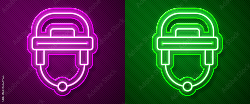 Glowing neon line Hockey helmet icon isolated on purple and green background. Vector Glowing neon line Hockey helmet icon isolated on purple and green background. Vector