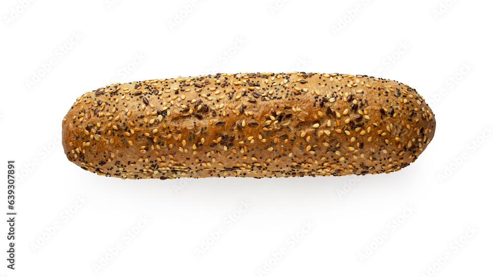 Fresh baguette with seeds isolated on white background. Bread sprinkled with flax and sunflower seeds.