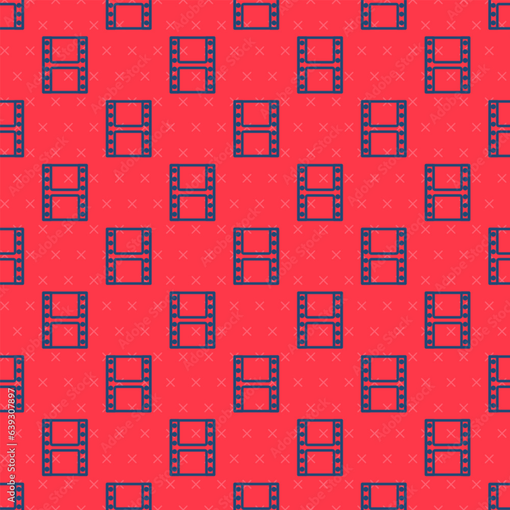 Blue line Play video icon isolated seamless pattern on red background. Film strip sign. Vector Blue line Play video icon isolated seamless pattern on red background. Film strip sign. Vector