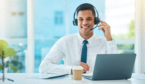 Laptop, call center and portrait of man telemarketing, support and help desk in office. Face, customer service and happy sales agent in communication, consultant or professional to contact us for crm