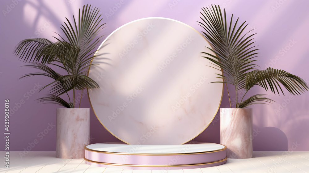 Obraz premium Round purple pastel podium and palm leaf, Abstract minimal geometric background, Aesthetic summer dais and shadows on the wall, 3D Modern design for product showcase, studio lighting, AI generated.