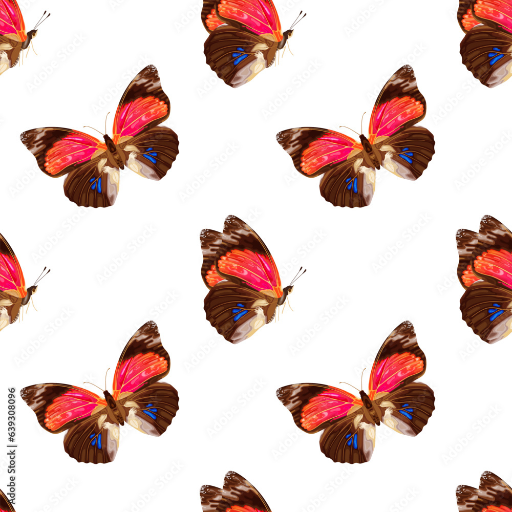 Seamless pattern with pink butterfly. Tropical insect. Neon colors.