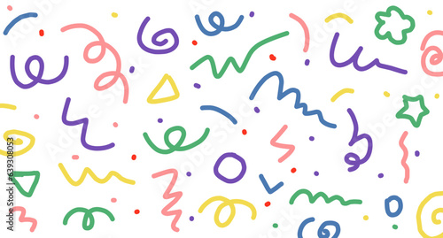 Fun colorful line doodle seamless pattern. Creative minimalist style art background for children or trendy design with basic shapes.