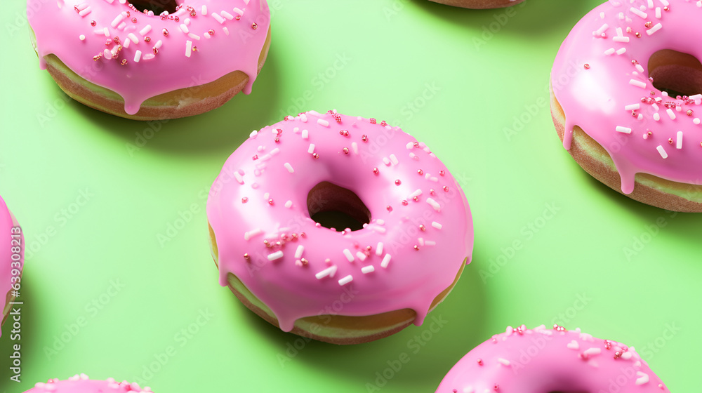 Matcha donuts. Pink matcha donuts on green background. Homemade matcha doughnuts covered with pink matcha powder graze, matcha dessert. Doughnuts banner Matcha donuts. Pink matcha donuts on green background. Homemade matcha doughnuts covered with pink matcha powder graze, matcha dessert. Doughnuts banner