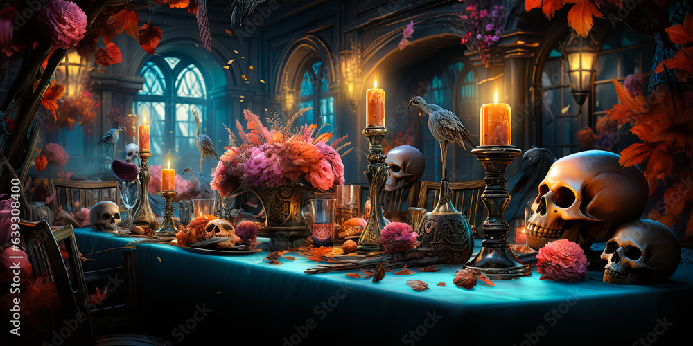illustration of festive luxury Halloween table with skulls, flowers, drinks, pumpkins